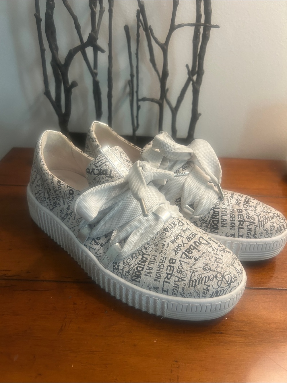 Gabor White Script-Print Platform Sneakers